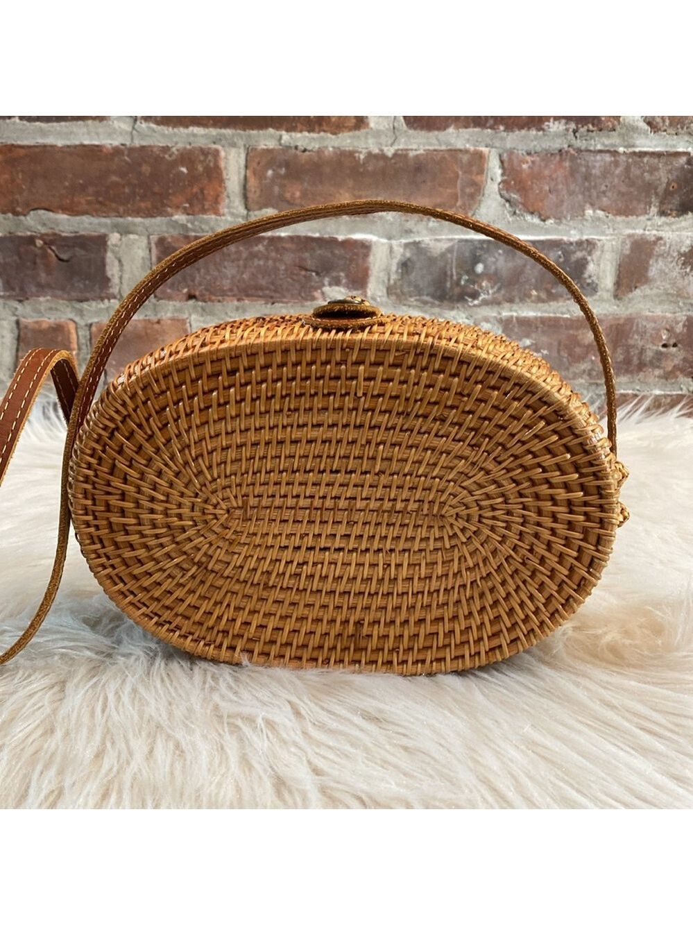 Oval Woven Rattan Bag with Long Leather Strap - Picture 4 of 16